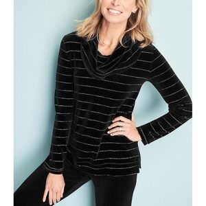 Talbots‎ Black Luxe Velour Striped Cowl Neck Long Sleeve Tunic Top Size Small